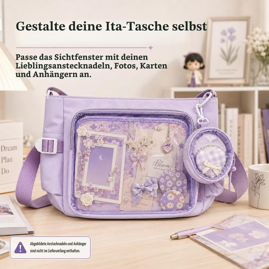 Ita Crossbody Tasche für Damen, Nylon Schultertasche mit transparentem Display-Fenster und herausneh
