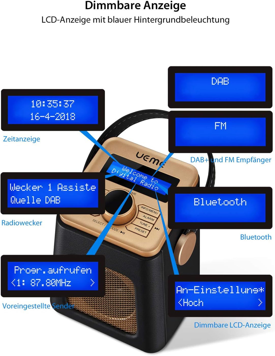 UEME Mini DAB+ DAB Digitalradio und UKW Radio mit Bluetooth Lautsprecher, Radiowecker, und Leder Ver