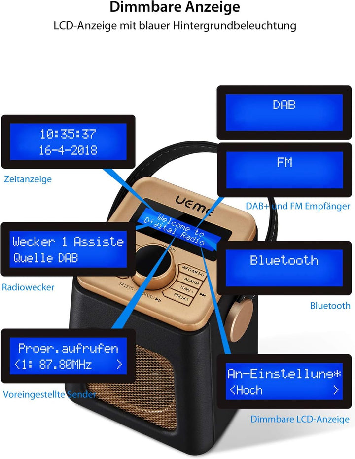 UEME Mini DAB+ DAB Digitalradio und UKW Radio mit Bluetooth Lautsprecher, Radiowecker, und Leder Ver
