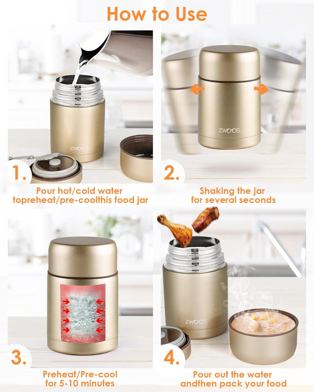 ZWOOS 800 ml Thermobehälter für Essen, 316 Edelstahl Wärmebehälter für speisen, Auslaufsicher Thermo
