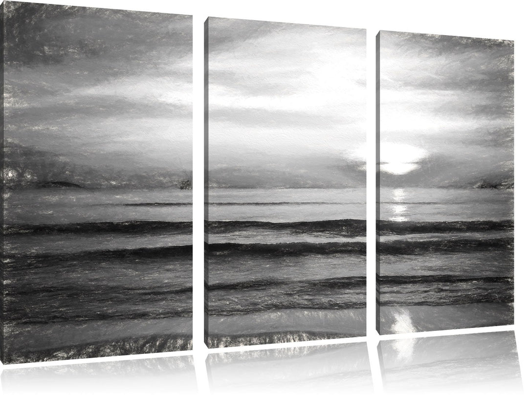 Pixxprint Malibu Beach - Sunrise Water Sand als Leinwandbild/Grösse: 3 Teilig (120x80) cm/Wandbild/K