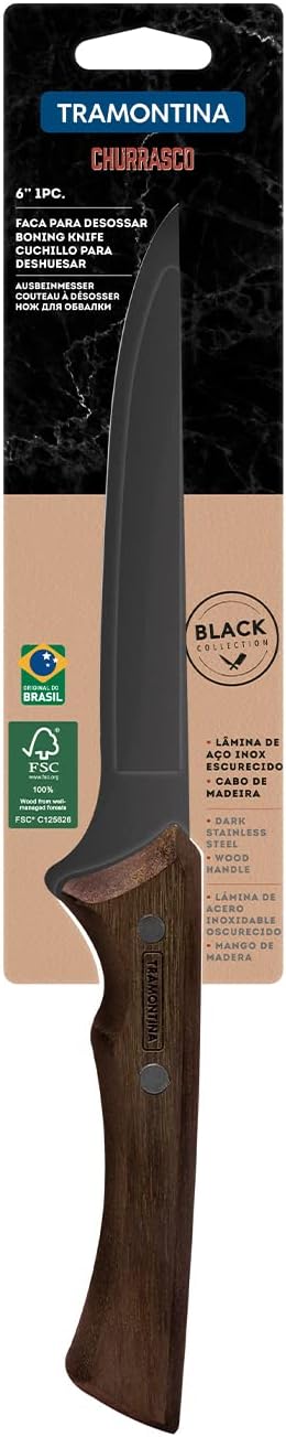 Tramontina CHURRASCO BLACK Ausbeinmesser, Klinge 15 cm, rostfreier Edelstahl, ergonomischer Holzgrif