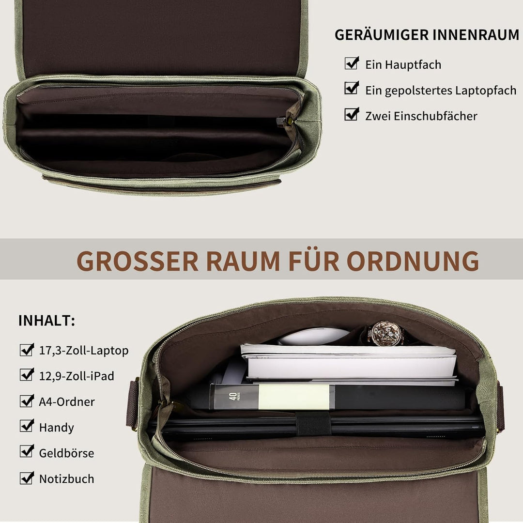 ESTARER Laptoptasche 17 Zoll Umhängetasche Canvas für Arbeit Uni, Armeegrün Grün 17.3 Zoll (Schnalle
