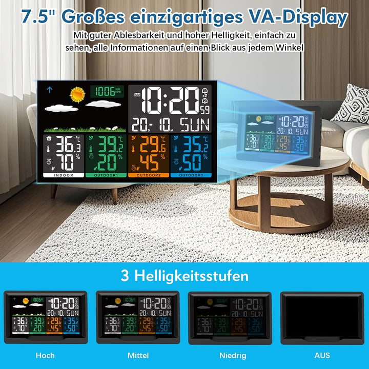 Wetterstation Funk mit Aussensensor, Wetterstation Funk mit 3 Aussensensor, 7,5" VA-Farbdisplay Funk