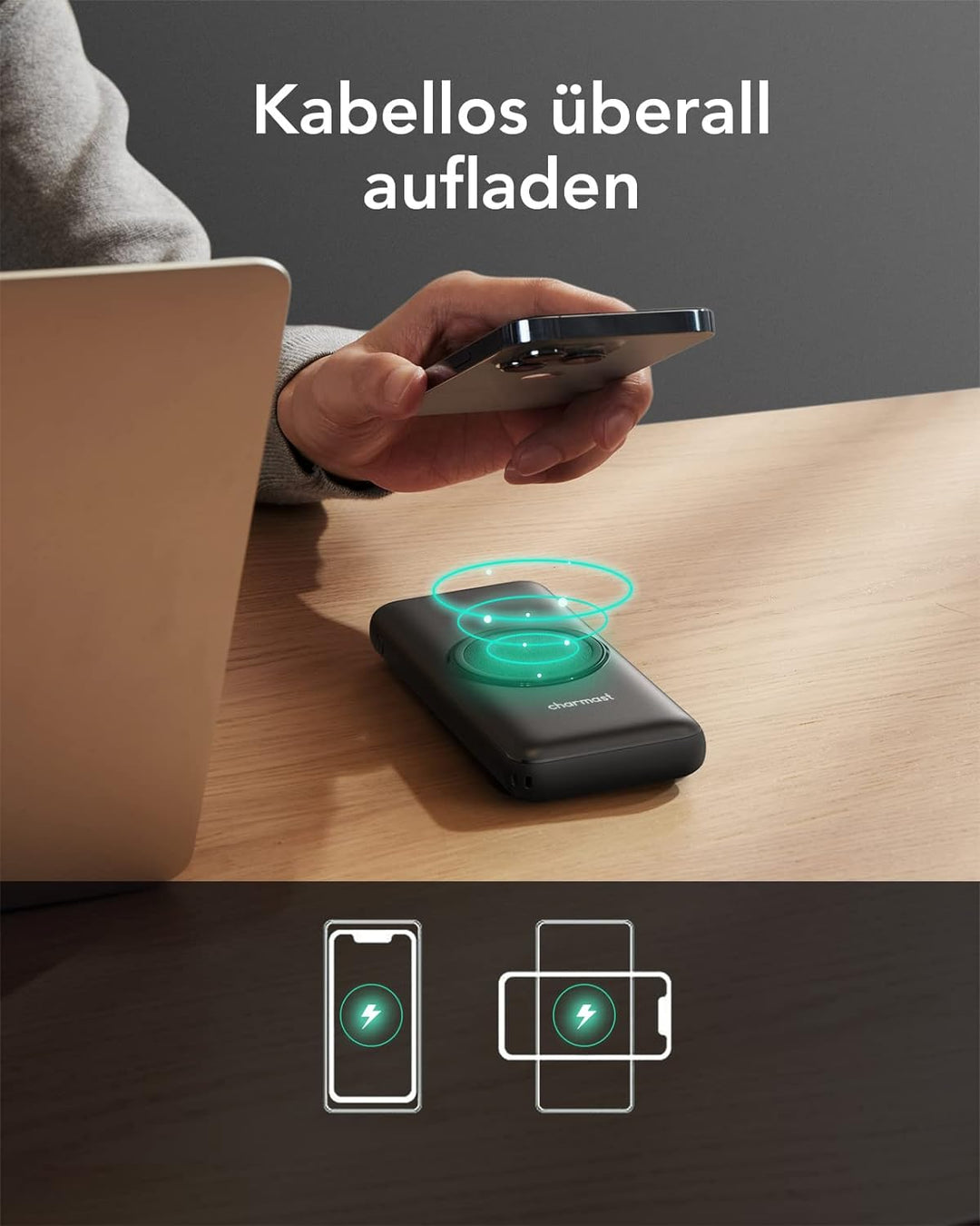 Charmast Wireless Powerbank 20000mAh Externer Akku Kabellose Ladegerät Drahtloses 22.5W Power Bank 2