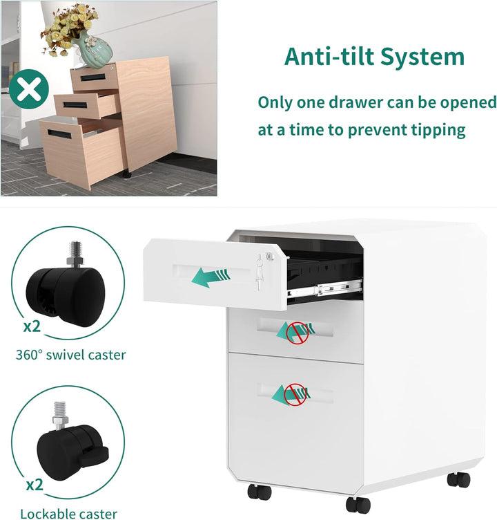YITAHOME Metall Rollcontainer mit 3 Schubladen, Abschliessbar Aktenschrank für Legal, Letter, Mobile