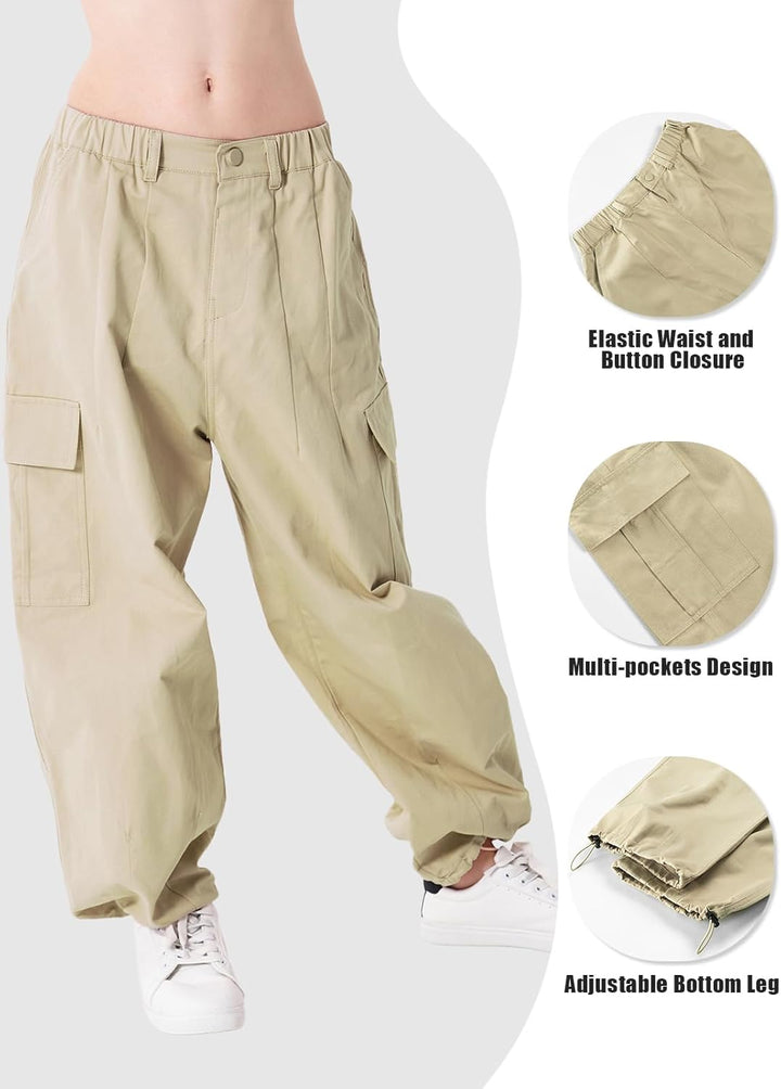 Rolanko Mädchen Cargohose, Baumwoll Baggy Hose mit Elastischer Taille und Mehreren Taschen für Kinde