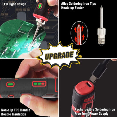 FrogBro 11W Akku Lötkolben Set mit 2 Ersatz Lötspitze, 1 Entlötpumpe und Typc C Kabel + EU Adapter,