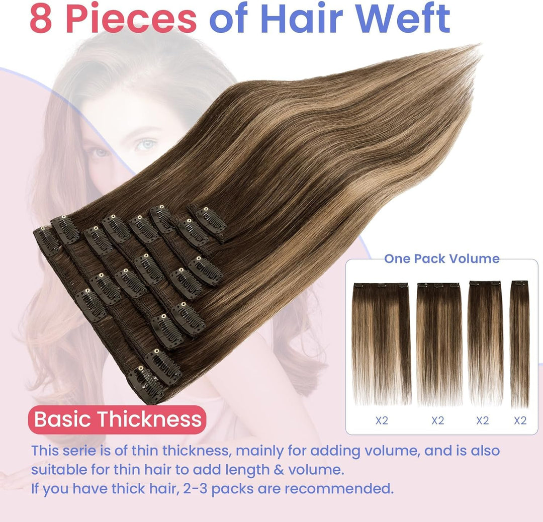 Elailite Extensions Echthaar Clip in 8 Tressen Glatt #2T2P6 Dunkelbraun/Hellbraun, Haarverlängerung