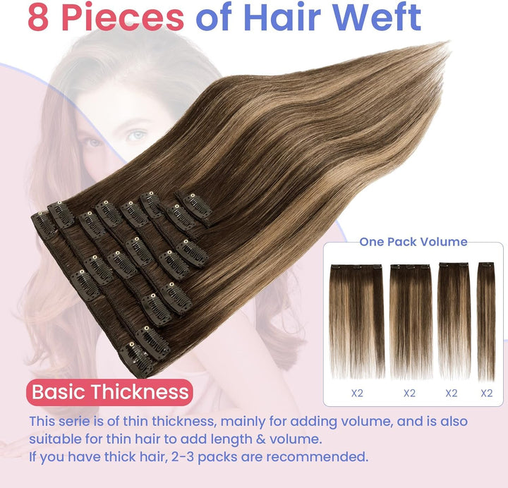 Elailite Extensions Echthaar Clip in 8 Tressen Glatt #2T2P6 Dunkelbraun/Hellbraun, Haarverlängerung