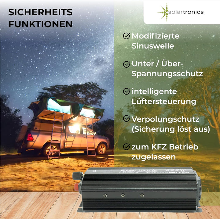 solartronics Spannungswandler Wechselrichter Intverter NM 600-1200 Watt 12V zu 230V schwarz USB Schu