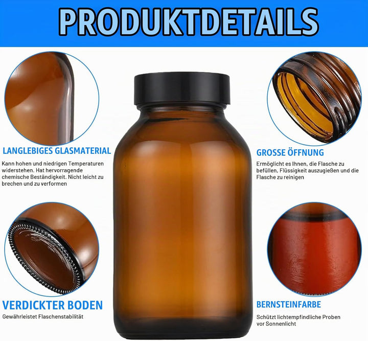 4 Stück Braunglas mit Deckel 500ml, Braunglüser mit Schraubverschluss, UV-Schutz und Wiederverwendba