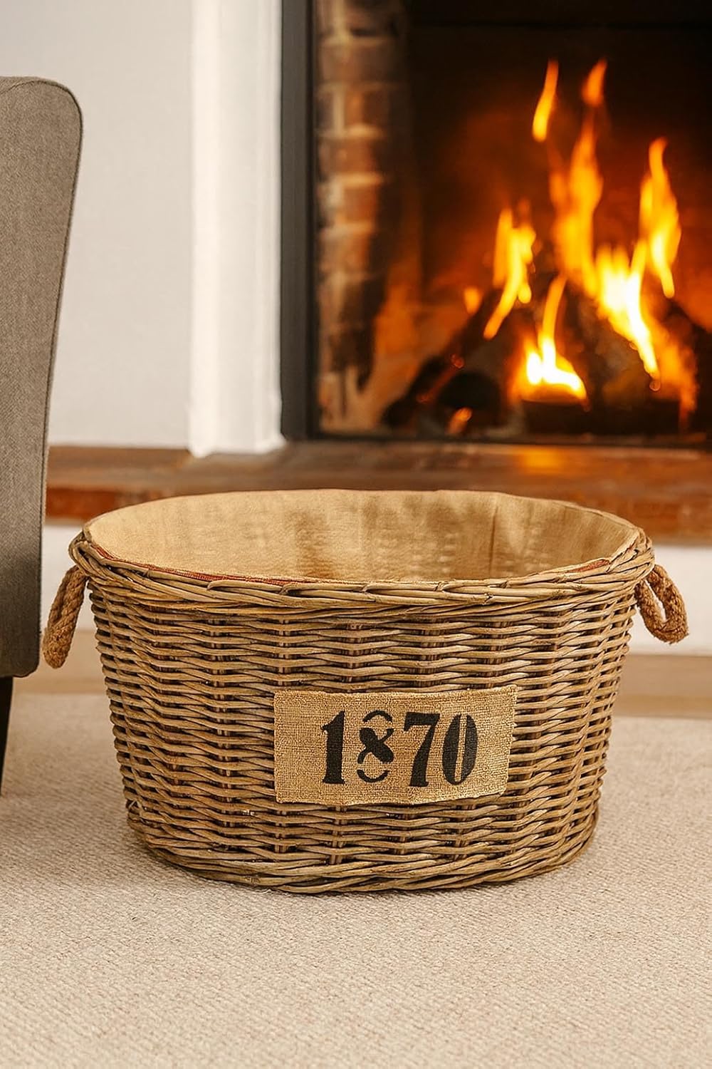 Kobolo Holztrage Holzkorb für Kaminholz oval - Rattan grau - mit Jutestoff ausgestattet - 1870