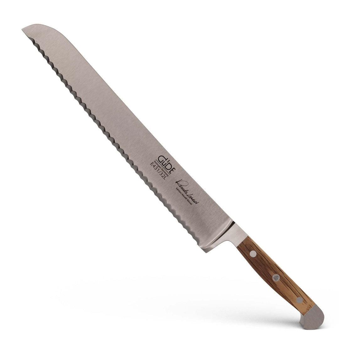 GÜDE Solingen - Brotmesser Linkshänder geschmiedet, 32 cm, Fasseichenholz, ALPHA FASSEICHE, Doppelkr