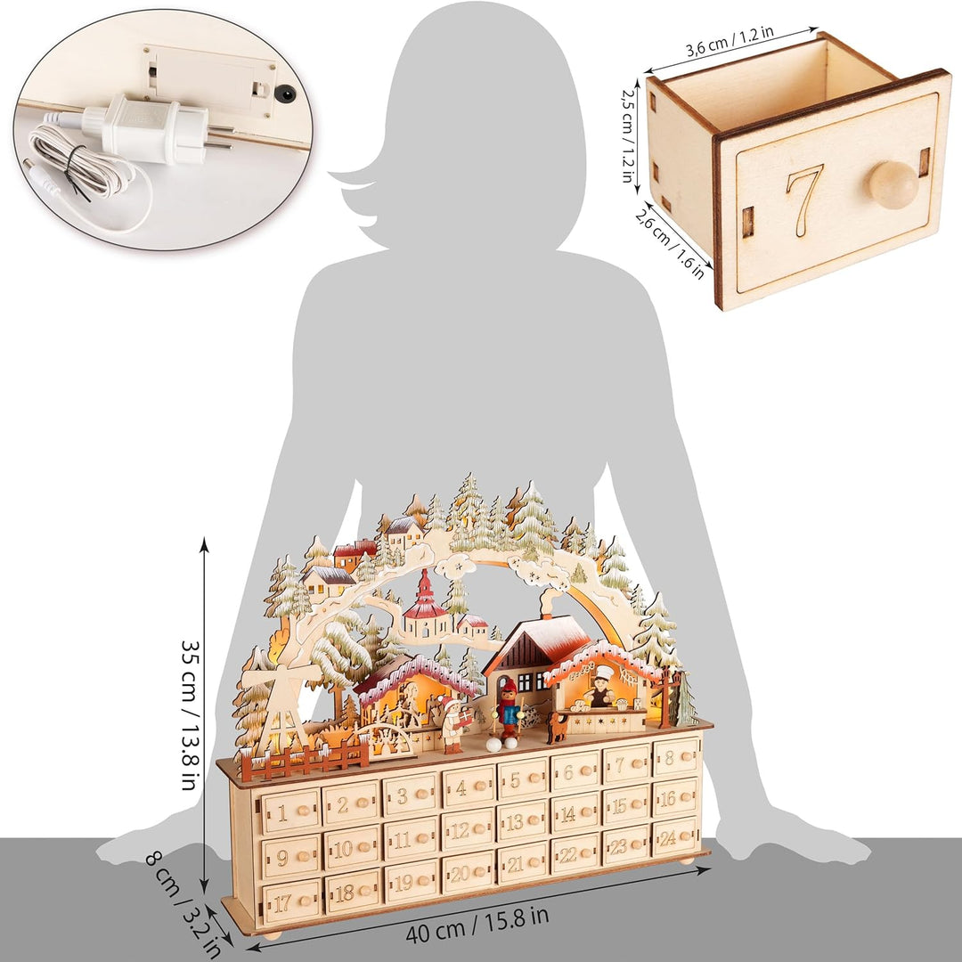 BRUBAKER Adventskalender zum Befüllen - Weihnachtsdorf 2025 - Weihnachtskalender aus Holz mit LED Be