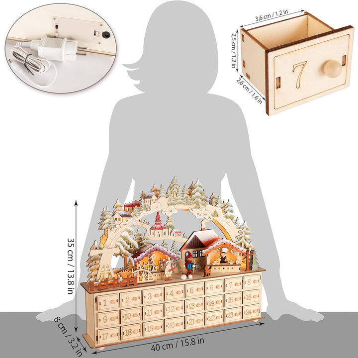 BRUBAKER Adventskalender zum Befüllen - Weihnachtsdorf 2025 - Weihnachtskalender aus Holz mit LED Be