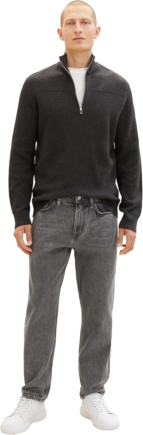 TOM TAILOR Herren Strukturierter Strick-Pullover mit Troyer-Kragen L 10617-black Grey Melange, L 106