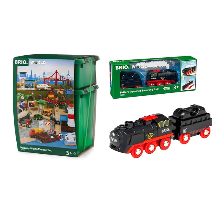 BRIO 33766 - Grosses Premium Set, Kunststoffboxen, Bauernhof Tiere & World 33884 Batterie-Dampflok m