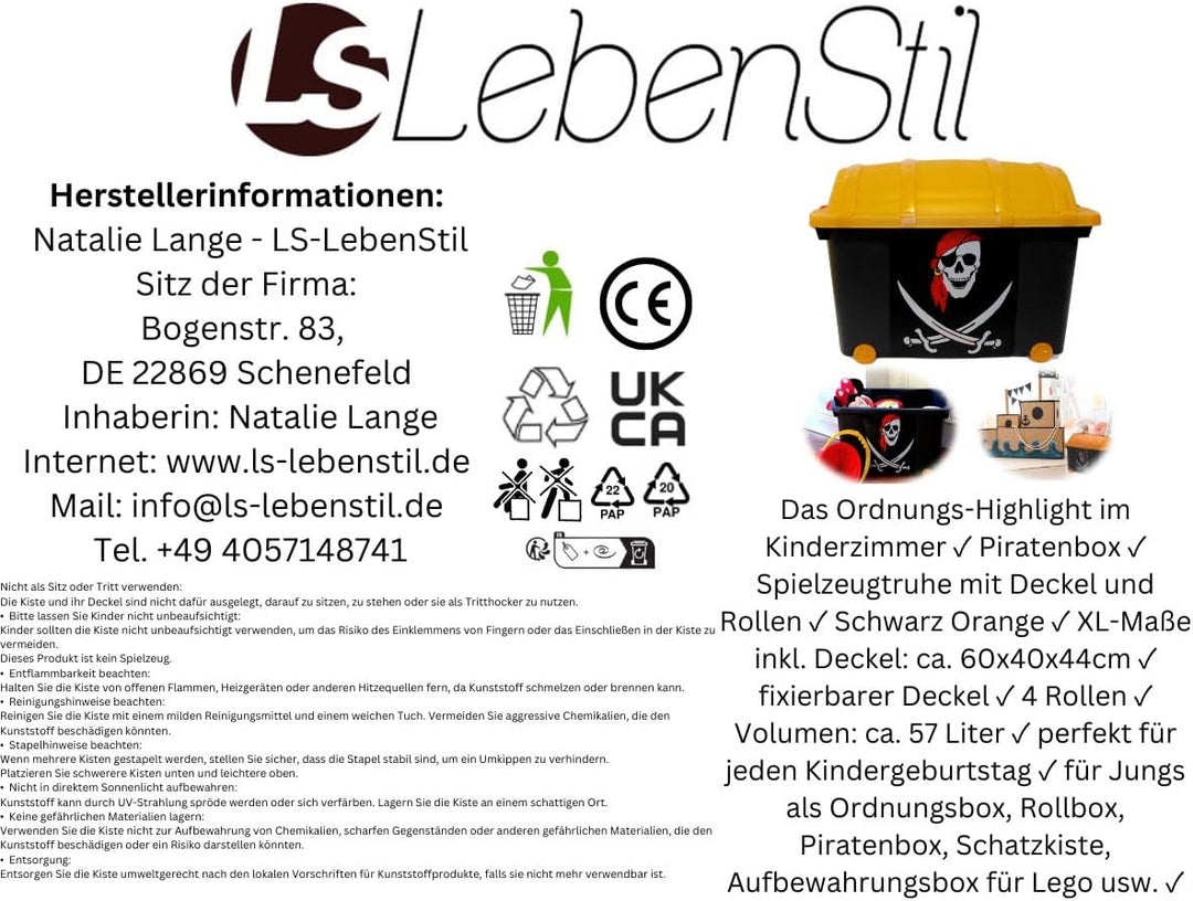 LS-LebenStil XL Kinder Piratenkiste 61x40cm Schatztruhe Spielkiste Pirat Rollbox