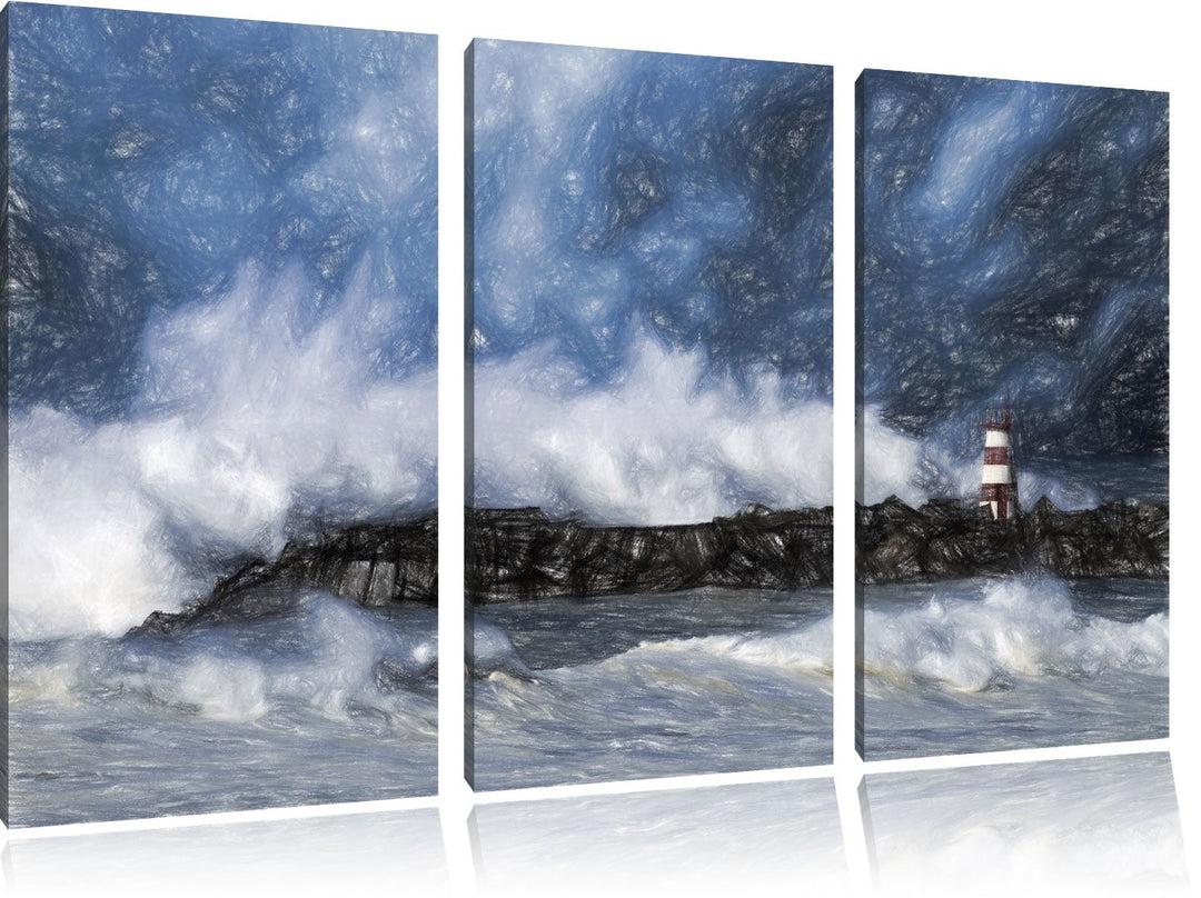 Pixxprint Tobendes Meer mit Leuchtturm als Leinwandbild/Grösse: 3 Teilig (120x80) cm/Wandbild/Kunstd