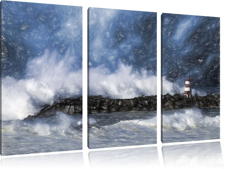 Pixxprint Tobendes Meer mit Leuchtturm als Leinwandbild/Grösse: 3 Teilig (120x80) cm/Wandbild/Kunstd