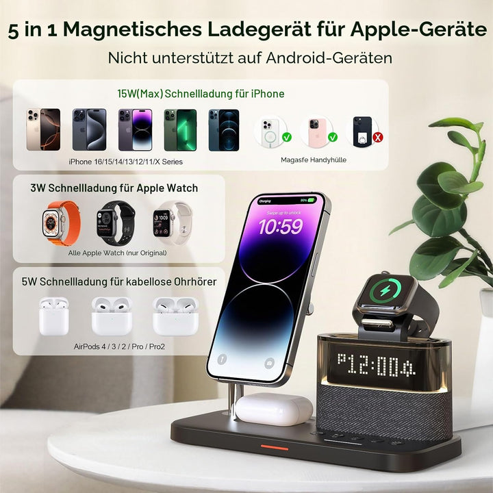 5-in-1-Kabellader mit Wecker, kabellose LadeStation mit Nachttischlampe kompatibel mit iPhone 17 16