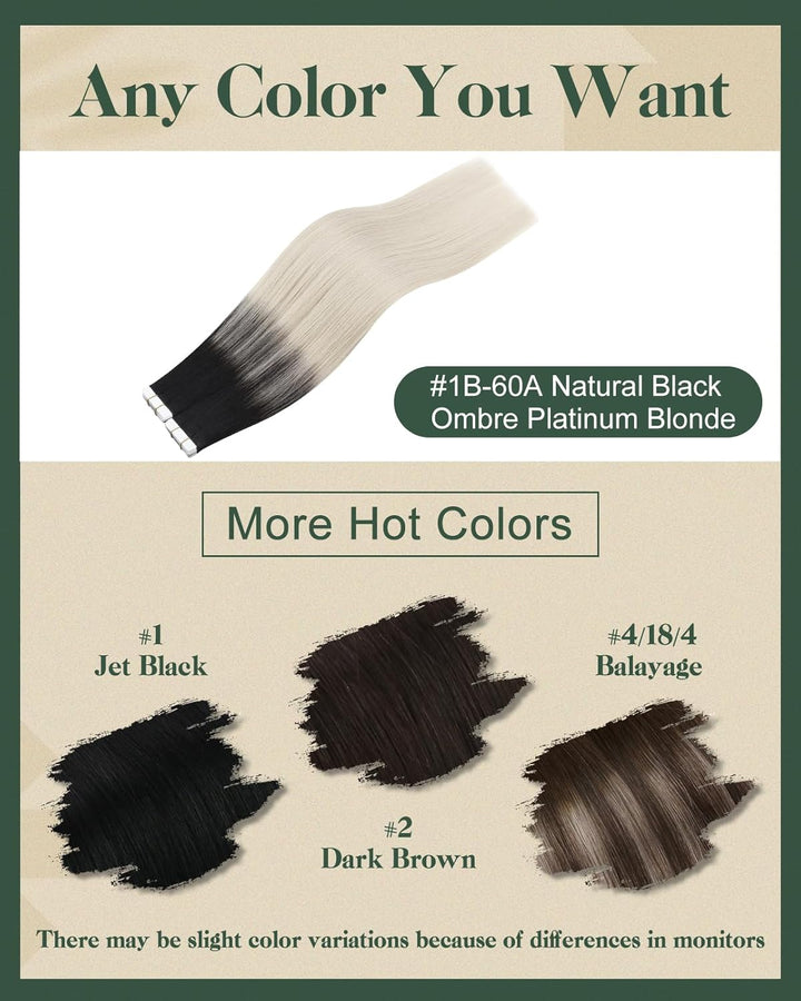 Ugeat Tape Extensions Echthaar Platinblond Ombre 40 cm Ombre Echthaar Extensions Tape Naturschwarz O
