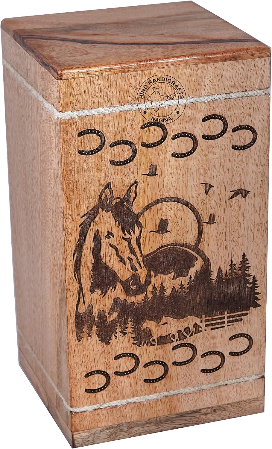 Handgefertigte Holzurne für menschliche Asche, HIND HANDICRAFTS, gross, Aufgehende Sonne Design, Urn