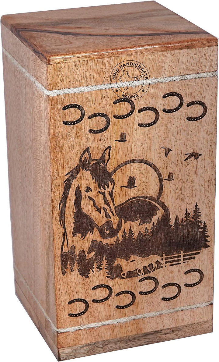 Handgefertigte Holzurne für menschliche Asche, HIND HANDICRAFTS, gross, Aufgehende Sonne Design, Urn