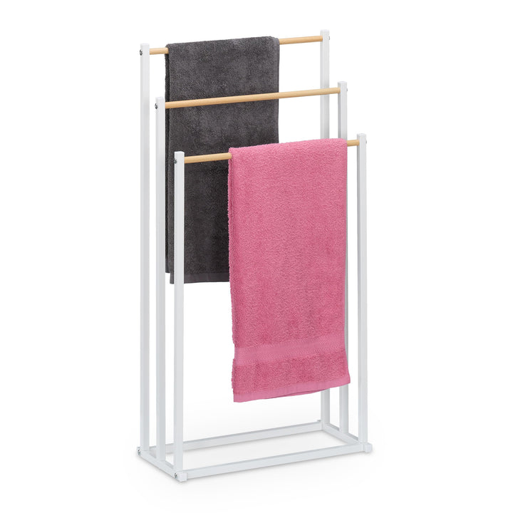 Relaxdays Handtuchständer, HxBxT: 86 x 44 x 21 cm, Metall, 3 Stangen in Holzoptik, stehender Handtuc