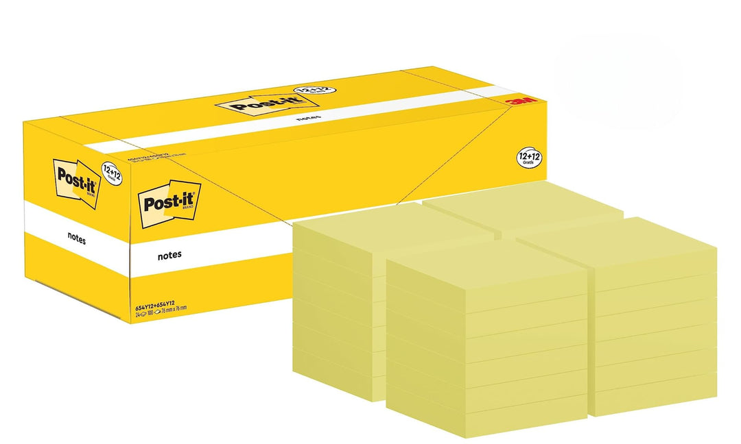 Post-it Notizen Kanariengelb, Vorteilspackung mit 24 Blöcken, 100 Blatt pro Block, 76 mm x 76 mm, Fa