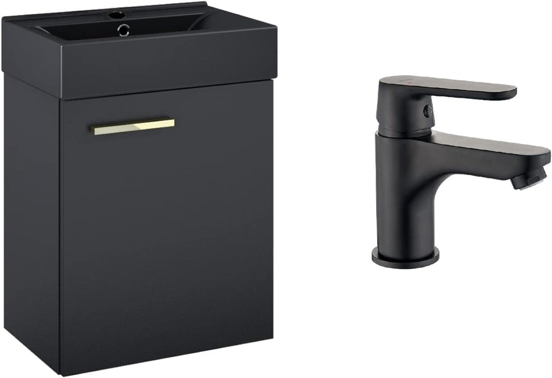 VBChome Badmöbel Set 45 cm Schwarz Matt Waschbecken mit Hängeschrank mit Armantur Schwarz Waschtisch