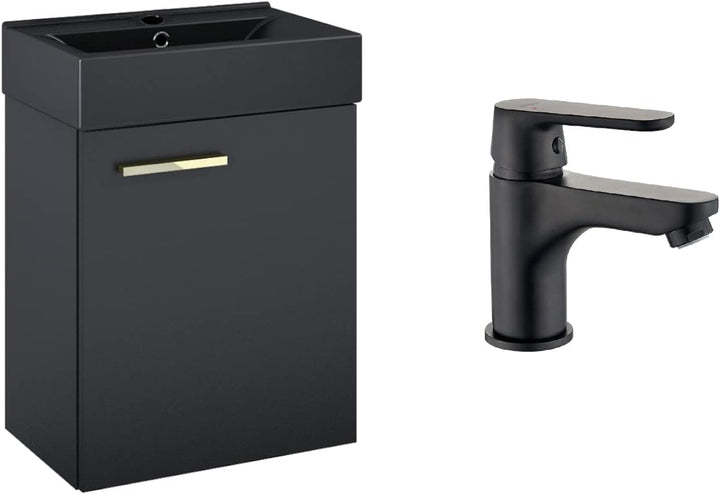 VBChome Badmöbel Set 45 cm Schwarz Matt Waschbecken mit Hängeschrank mit Armantur Schwarz Waschtisch