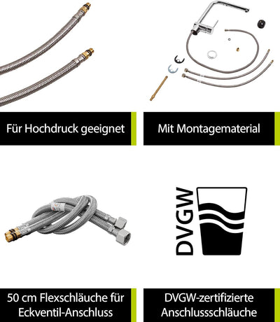 'aquaSu® Ausziehbare Spültischarmatur Manolo, mit Geschirrbrause, Wasserspar-Mischdüse, Kosten-spare