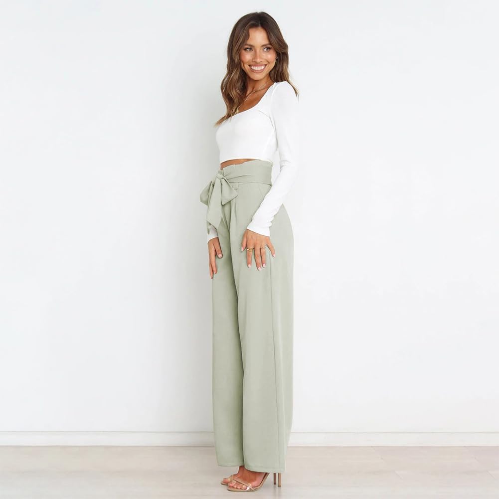 Odizli Damen Elegant High Waist Lang Weite Hose Sommer Business Festlich Anzughose mit Gürtel S Hell
