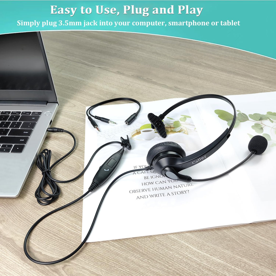 Callez 3,5mm Klinke Headset Handy mit Mikrofon Noise Cancelling, PC Kopfhörer für FritzFon C6 X6 iPh