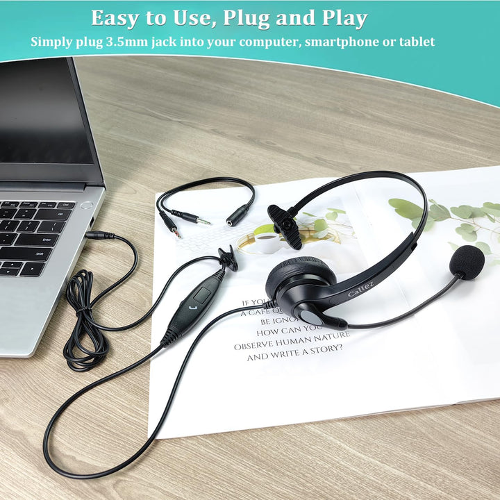 Callez 3,5mm Klinke Headset Handy mit Mikrofon Noise Cancelling, PC Kopfhörer für FritzFon C6 X6 iPh