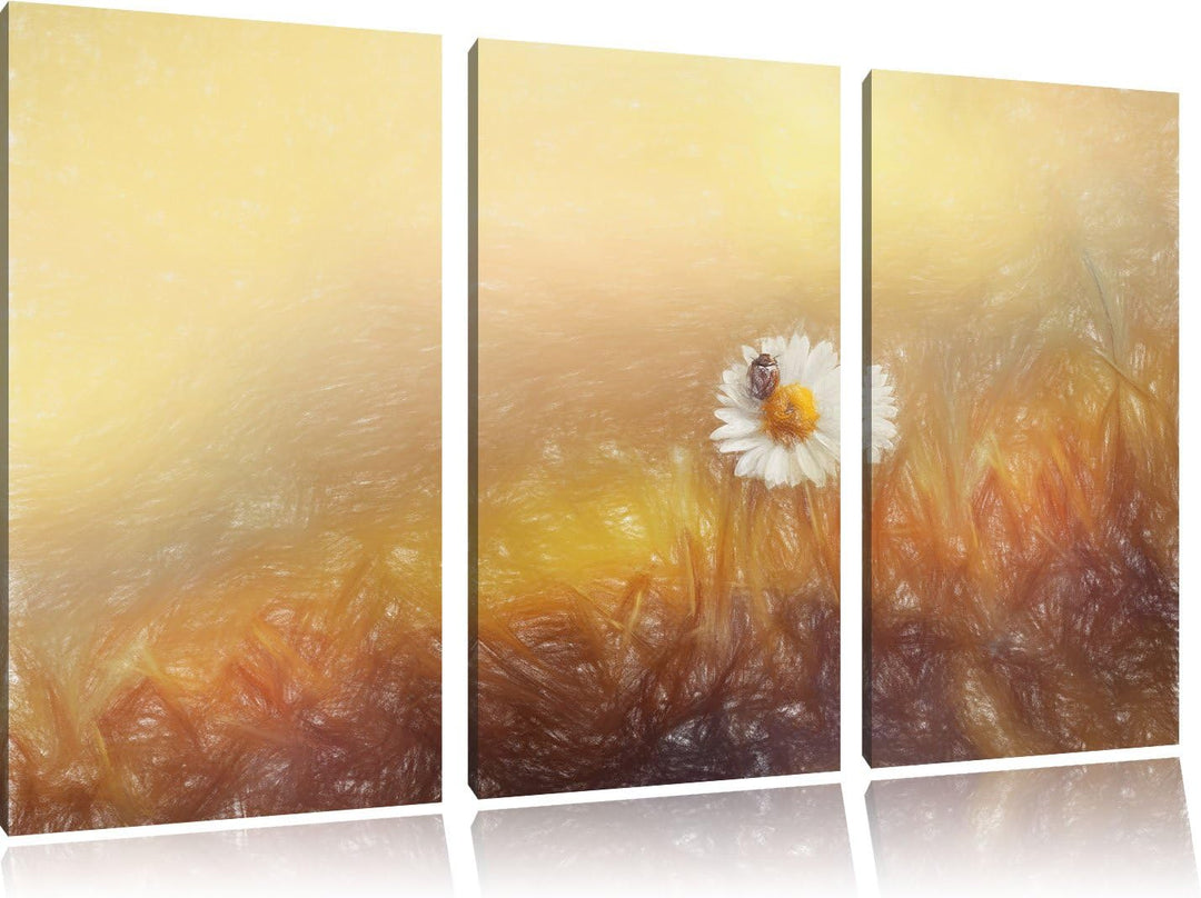 Pixxprint Gänseblümchen Marienkäfer / 3-Teilig/Gesamtmass 120cm Leinwandbild bespannt auf Holzrahmen