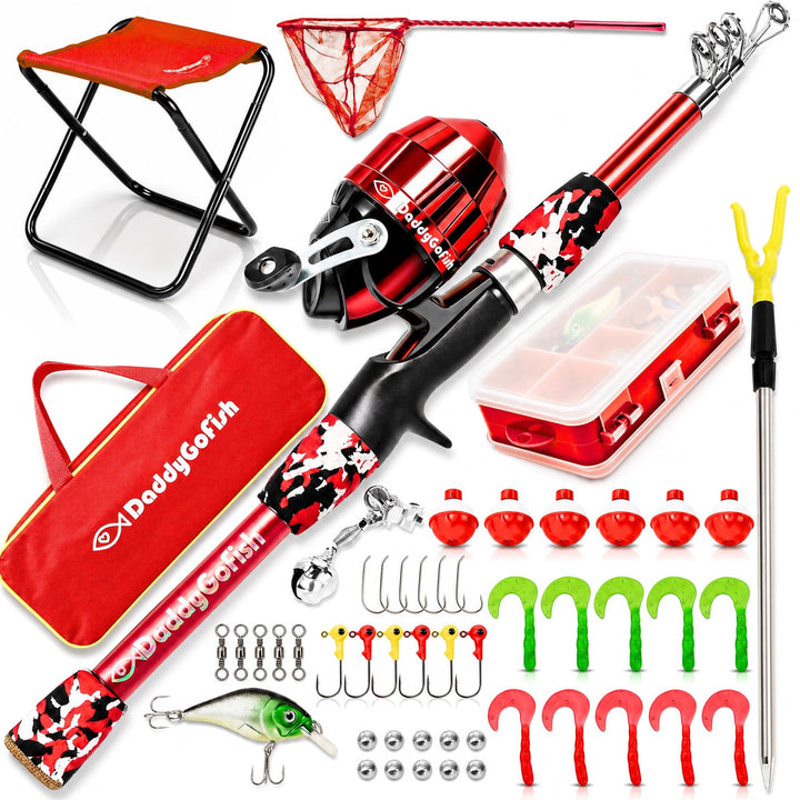 DaddyGoFish Kinder Angelset - Teleskoprute &amp; Rolle Combo mit Klappstuhl, Rutenhalter, Tackle Box, Kö