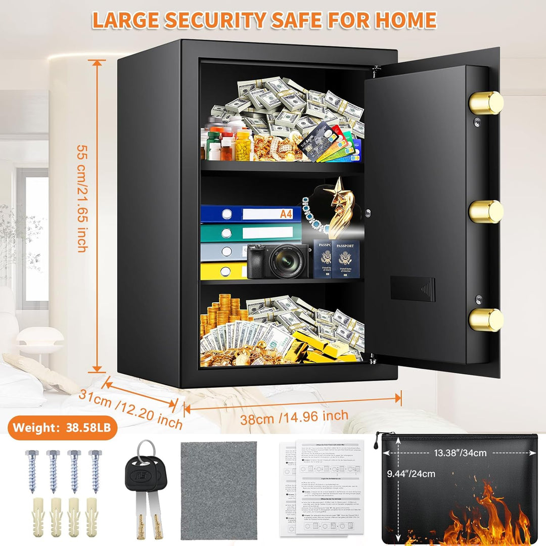 Mejasg 64L Safe Tresor Feuerfest mit Feuerfeste Dokumententasche&2 Herausnehmbares Regal, Möbeltreso