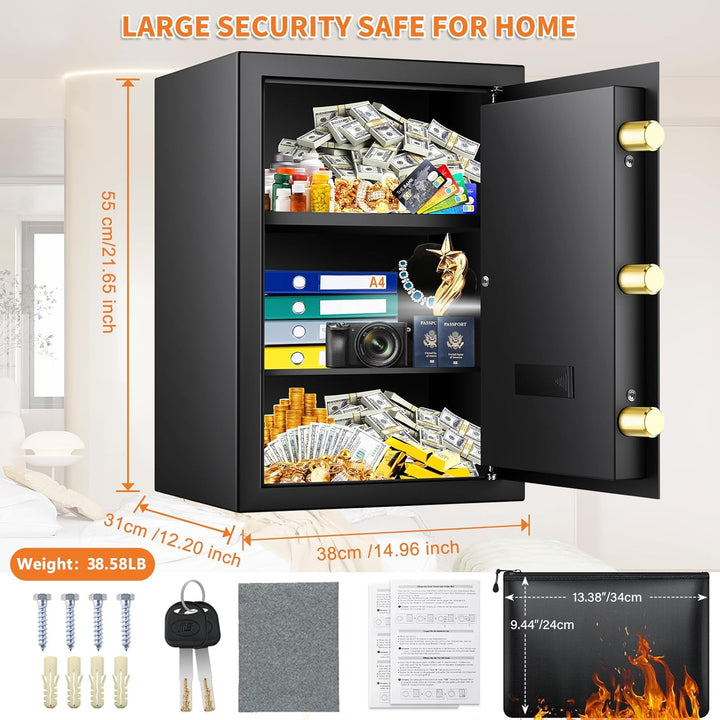 Mejasg 64L Safe Tresor Feuerfest mit Feuerfeste Dokumententasche&2 Herausnehmbares Regal, Möbeltreso