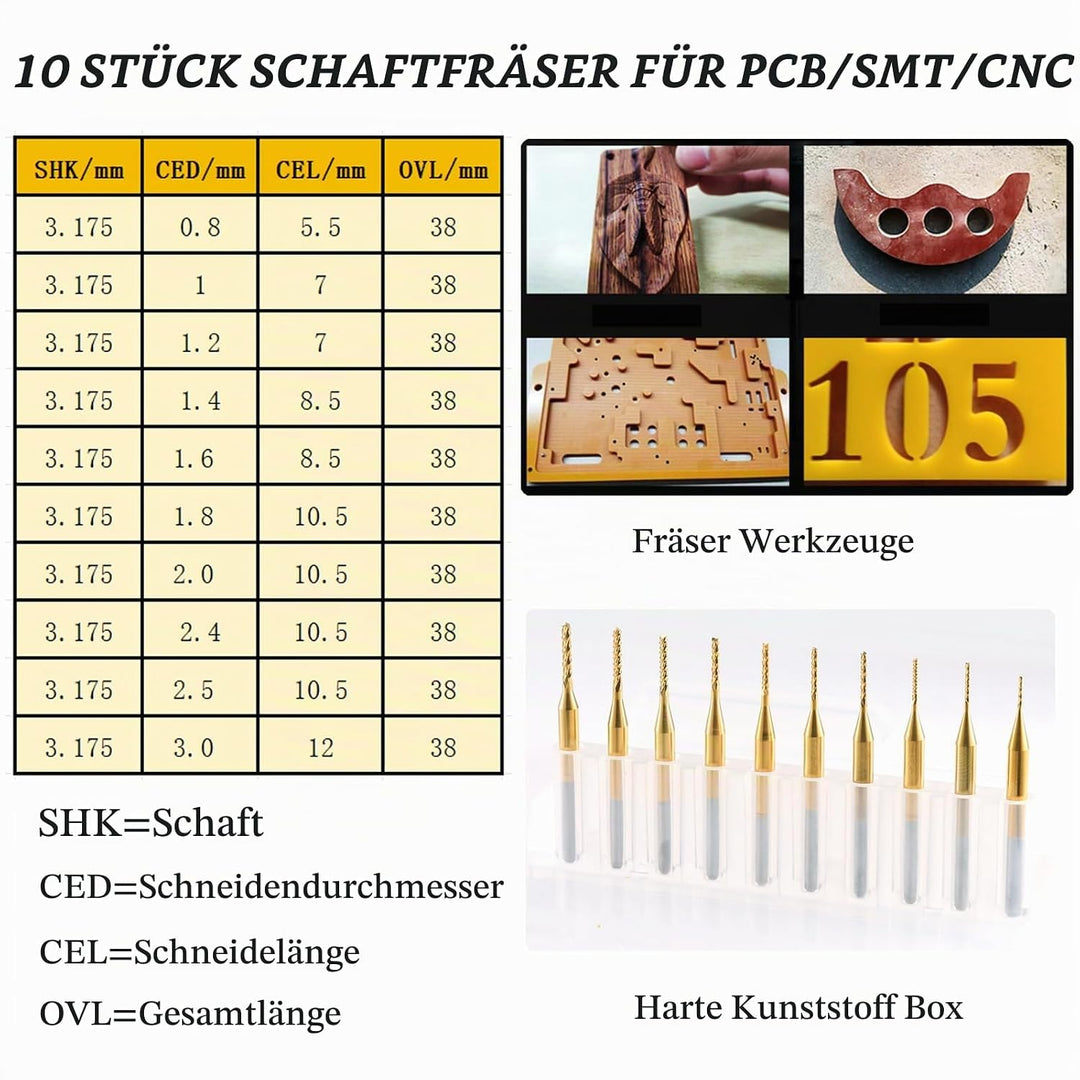 10 Stücke Hartmetall Schaftfräser, 1/8 Schaft Titan Coat CNC Fräser Stückchen Fräser Schnitzsatz, St