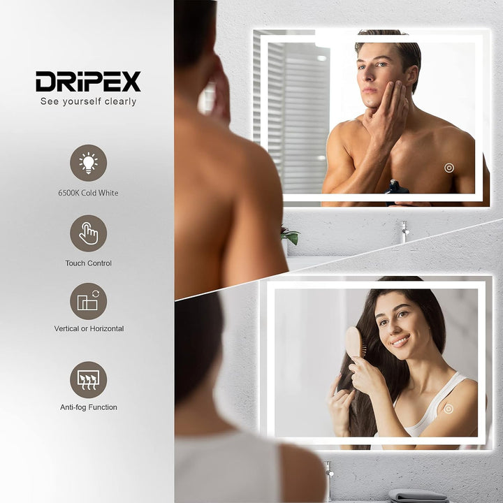 Dripex Badspiegel LED Badezimmerspiegel mit Beleuchtung mit Touch-Schalter Wandspiegel Beschlagfrei