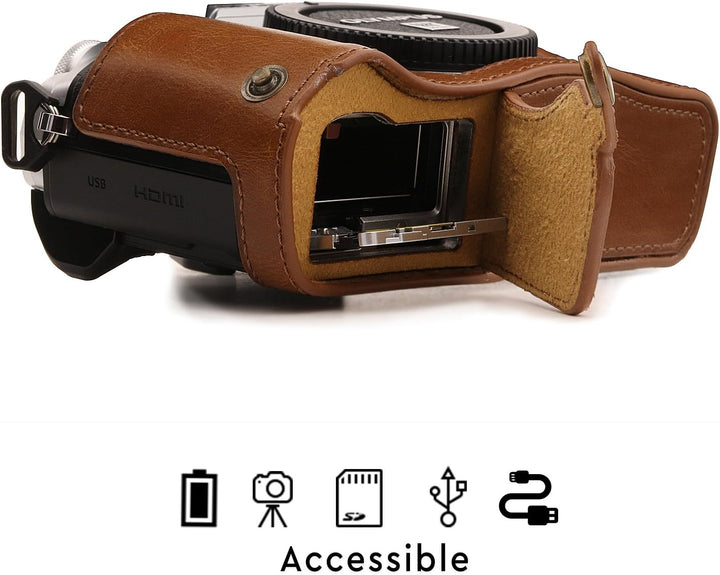 MegaGear Ever Ready Leder Kamera Halbtasche mit Trageriemen kompatibel mit Olympus OM-D E-M10 Mark I
