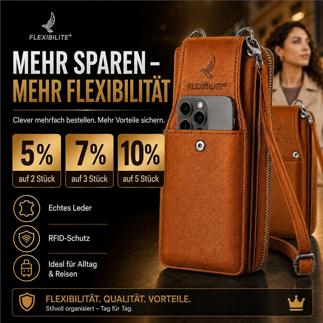 FLEXIBILITE® Handytasche zum Umhängen Braun aus echtem Leder I EXTRA leicht 220 g mit RFID I Handy P