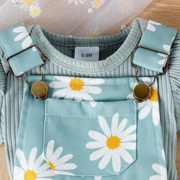Neugeborenes Mädchen Kleidung Gänseblümchen-Aufdruck Gerüschtes Oberteil mit Hosenträgerhose und Tas