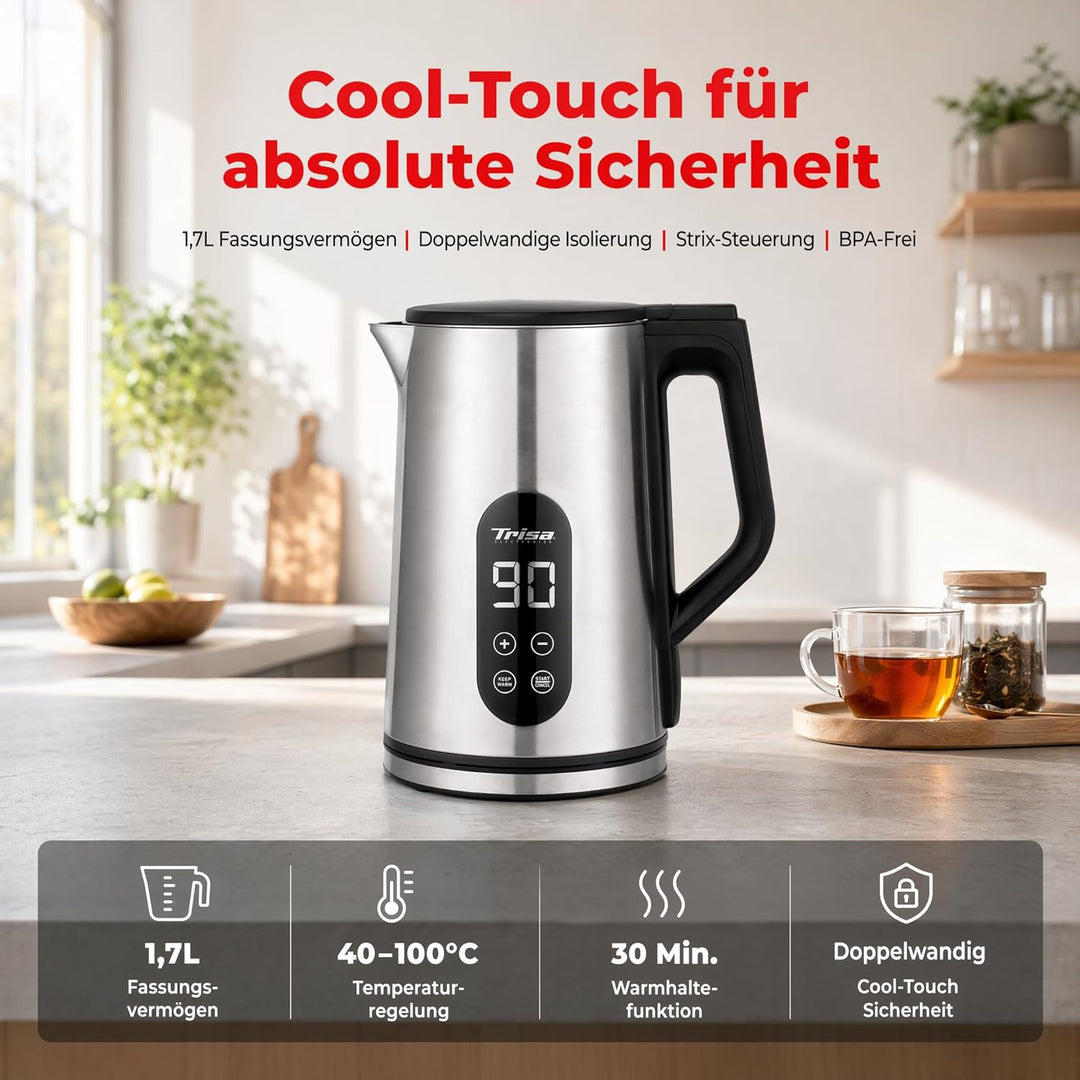 Trisa Digital Boil Doppelwandiger Wasserkocher 1,7L mit Temperatureinstellung (40-100°C), Edelstahl