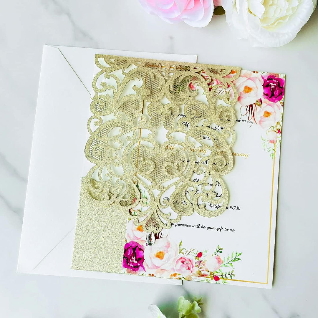 Hosmsua Blnak Hochzeitseinladungskarten mit Strass und Umschlägen, lasergeschnitten, Champagner-Gold