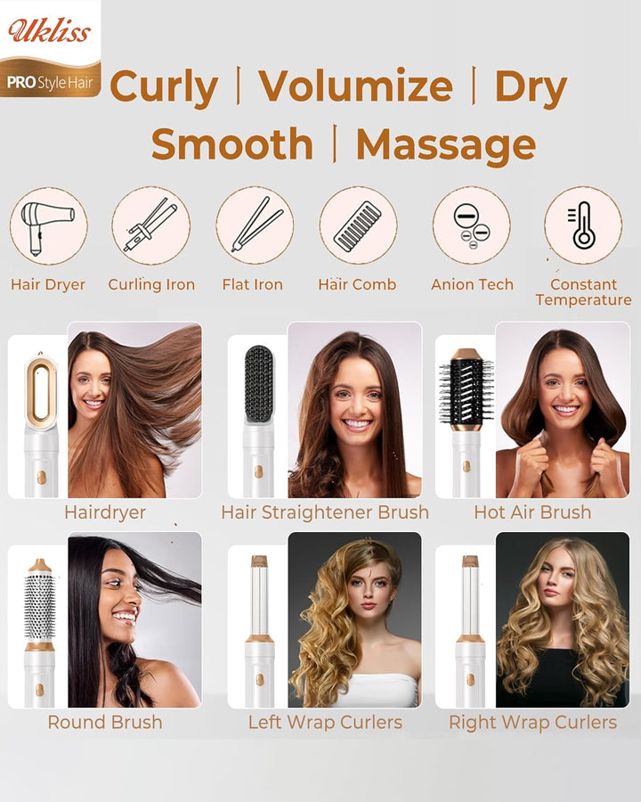 UKLISS Hairstyler 6 in 1 Air Styler Set - Pro Haarstyler mit Rundbürstenföhn, Air Curler, Warmluftbü
