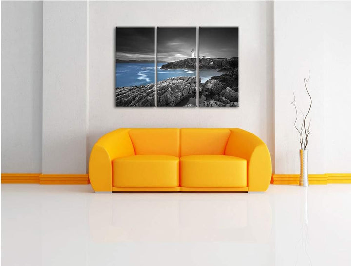 Leuchtturm an traumhaft blauem Meer schwarz/weiss 3-Teiler Leinwandbild 120x80 Bild auf Leinwand, XX